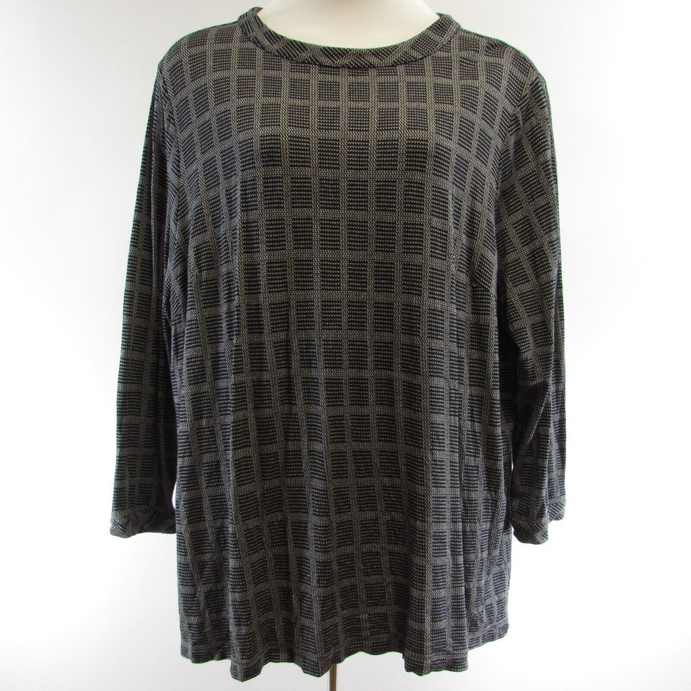 J Jill Wearever Black White Top Sie 4X Crew Neck Long Sleeve Check Plaid Loose